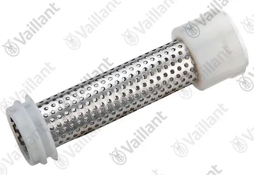 Edelstahl-Sieb mit durchlässiger Oberfläche und Kunststoffanschlüssen, hergestellt von Vaillant. Das Produkt dient zur Filterung in Heizsystemen.